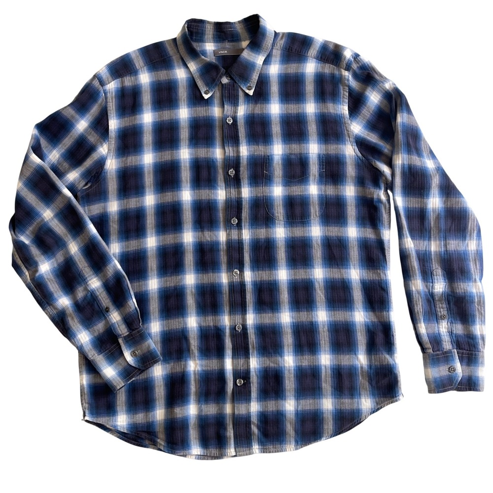 Vince Summer‎ Flannel Plaid Long Sleeve Button Down Shirt Mens Large Blue White